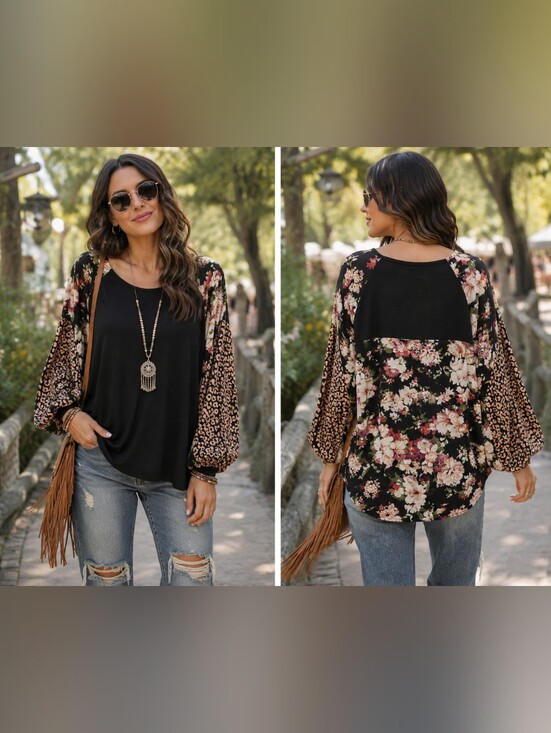 Umgee Tops - Umgee Oversized Black Patchwork Sleeve Blouse. In EUC